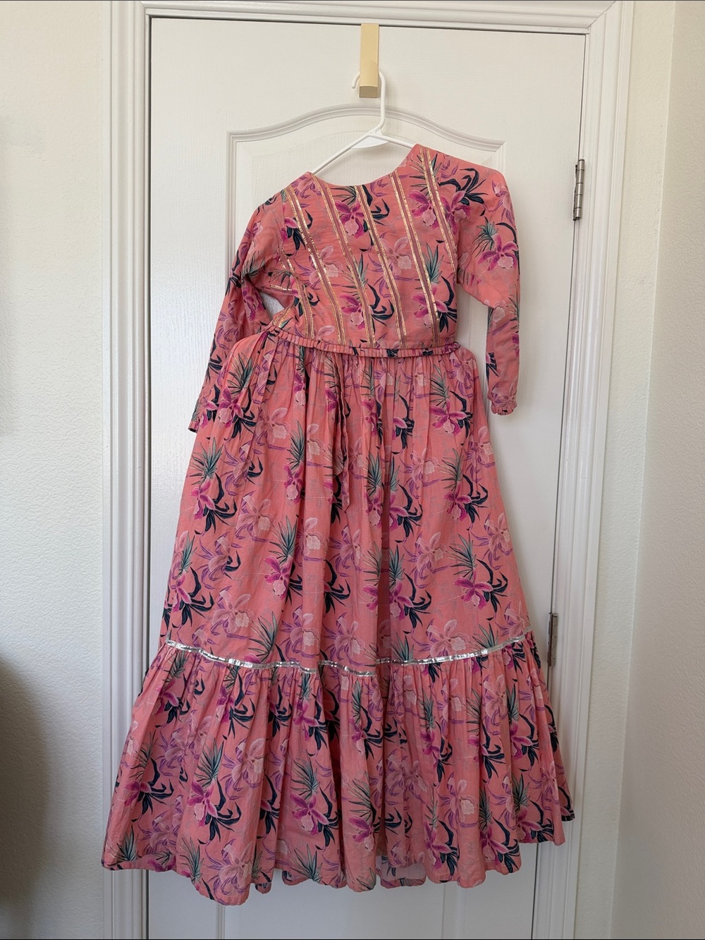 Girls Pink Floral Long Sleeve Lehenga Set